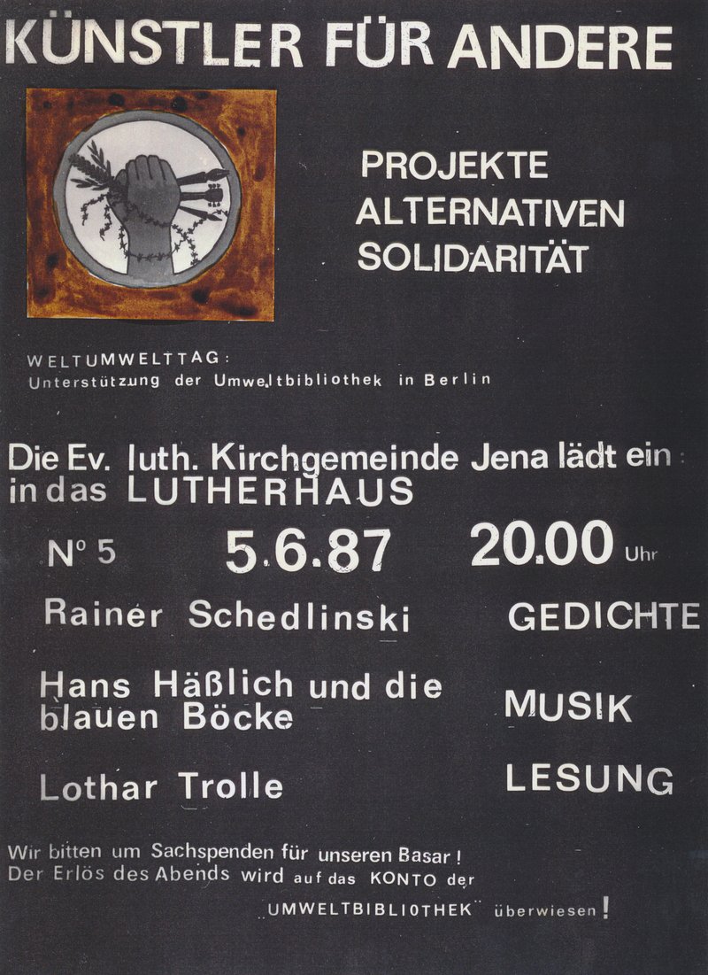 Plakat der fünften Veranstaltung der Solidaritätgriuppe Künstler für Andere Jena am 5.6.1987.