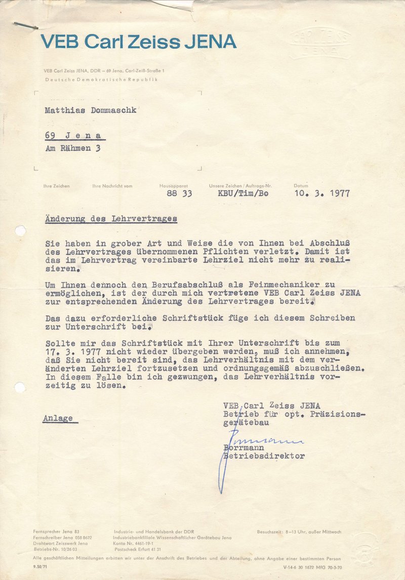 Änderung des Lehrvertrages zur Ausbildung ohne Abitur, März 1977, ThürAZ, Sammlung Matthias Domaschk, Signatur: ThuerAZ-P-DoM-K-01.09