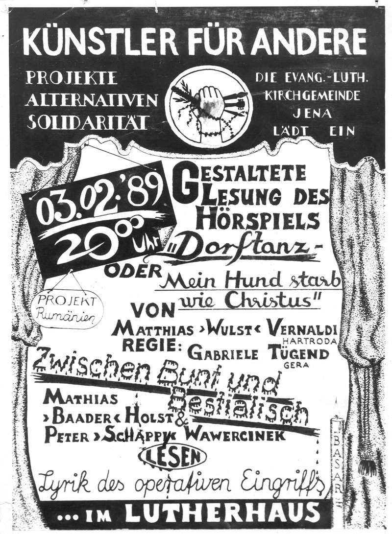Plakat der Veranstaltung der Solidaritätgruppe Künstler für Andere Jena am 3.2.1989 / Quelle: ThürAZ, Sammlung Petra Grund, Signatur: P-GP-GM-01.01.
